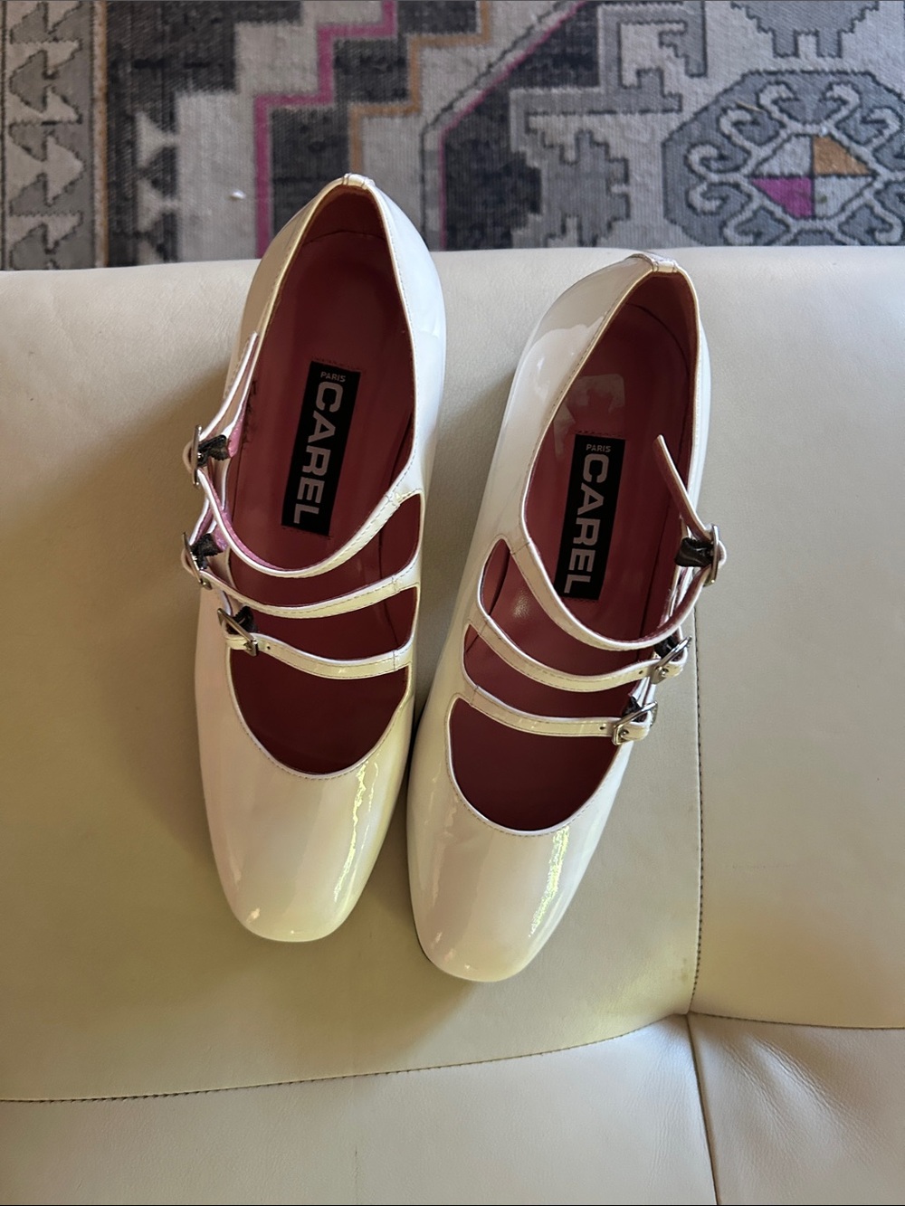 Carel White Patent Mary Jane Flats with Triple Straps